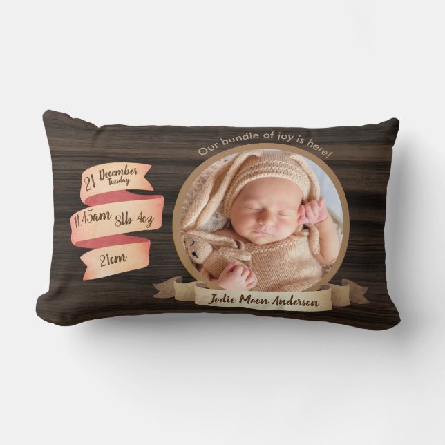 Coussin Rectangle Statistiques Rustic Baby Keepsar Détails de naissa (Recto)
