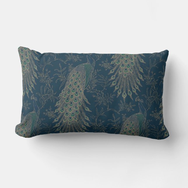 Coussin Rectangle Style victorien noir Turquoise et or Peacocks (Recto)