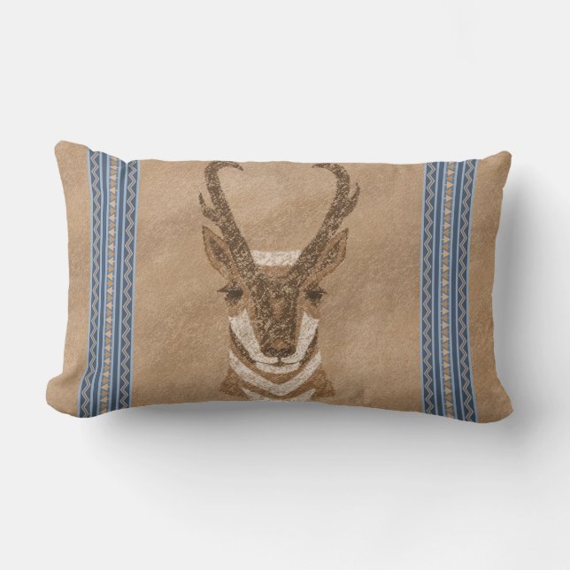 Coussin Rectangle Sud-Ouest Pronghorn Antelope Face Bordure Bleue (Recto)