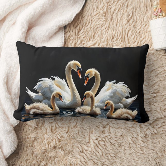 Coussin Rectangle Swan Family on Black Lake Artwork (Couverture)