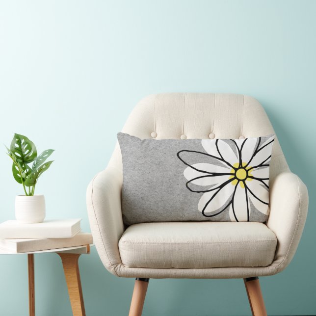 Coussin Rectangle Tendance Moderne Blanc Doodle Marguerite Grise (Chaise)
