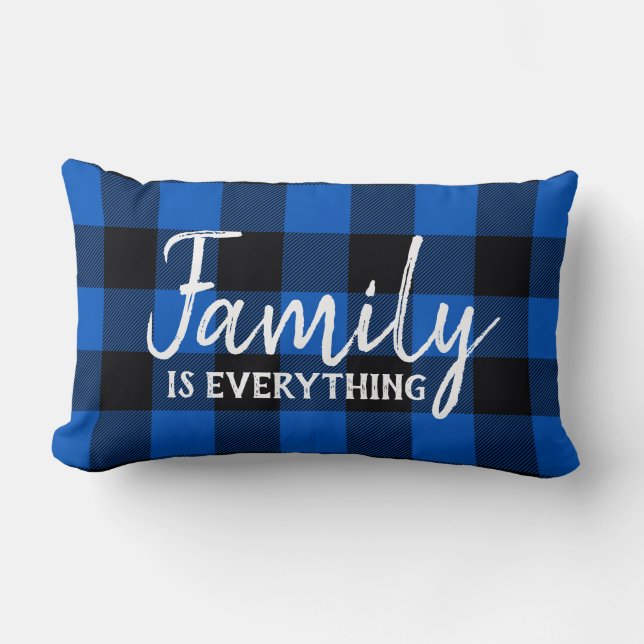 Coussin Rectangle Texte de la famille sur plaid noir et bleu (Recto)