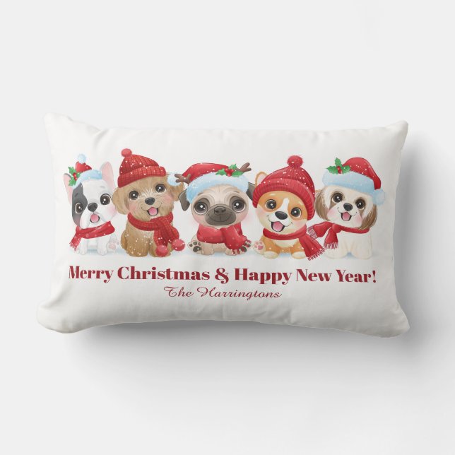 Coussin Rectangle Texte personnalisé Chiots de Noël jettent des orei (Recto)