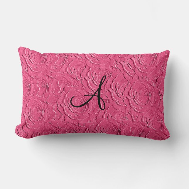 Coussin Rectangle Texture rose de faux de roses de monogramme (Recto)