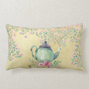 Coussin Rectangle Théière d'aquarelle et or élégants de fleurs