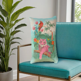 Coussin Rectangle Tigre rose et perroquet dans la jungle tropicale