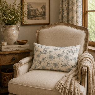 Coussin Rectangle Toile de Jouy botanique oiseau rustique campagne f