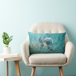 Coussin Rectangle Tortue de mer turquoise scintillante Côtière