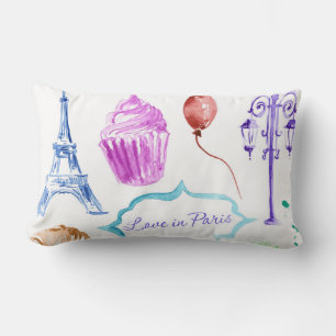 Coussin Rectangle Tour Eiffel Rose Bleue Art à l'aquarelle Paris