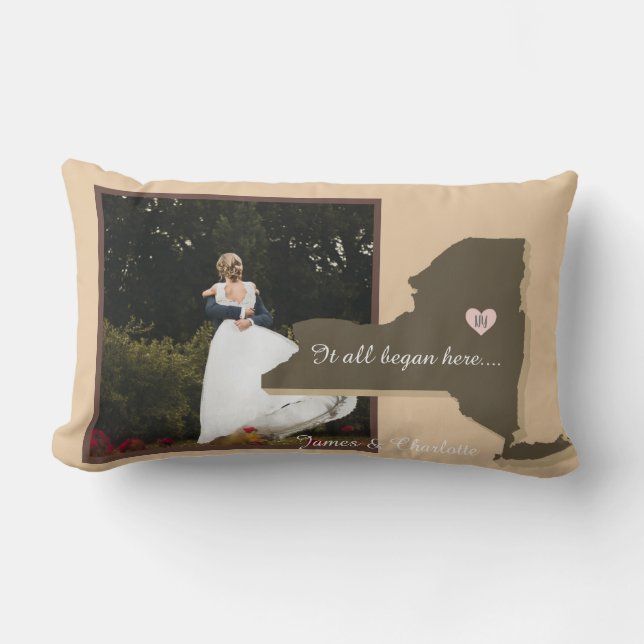 Coussin Rectangle Tout Commence Ici, New York, Photo Heart Couple, (Recto)