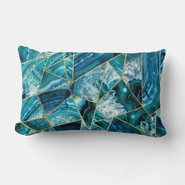 Coussin Rectangle Triangle géométrique d'or de noir d'agate de bleu (Recto)