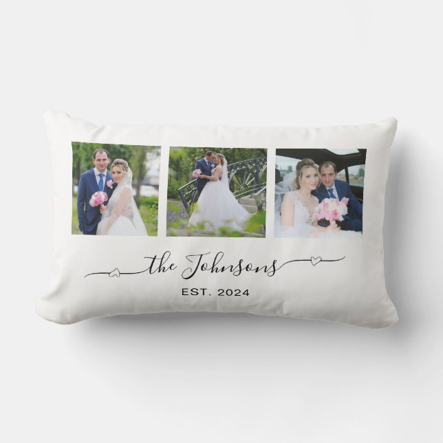 Coussin Rectangle Trois photos de mariage Cœur Swash Signature  (Recto)