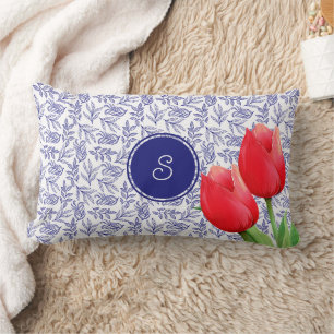 Coussin Rectangle Tulipes rouges élégantes Floral de printemps Monog