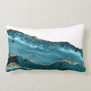 Coussin Rectangle Turquoise Bleu Agate Pierre or Fhuile look Lumbar 