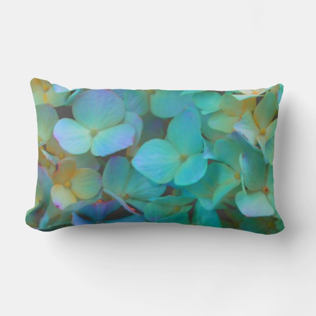Coussin Rectangle Turquoise bleu jaune rose hydrangée fleurs florale (Recto)