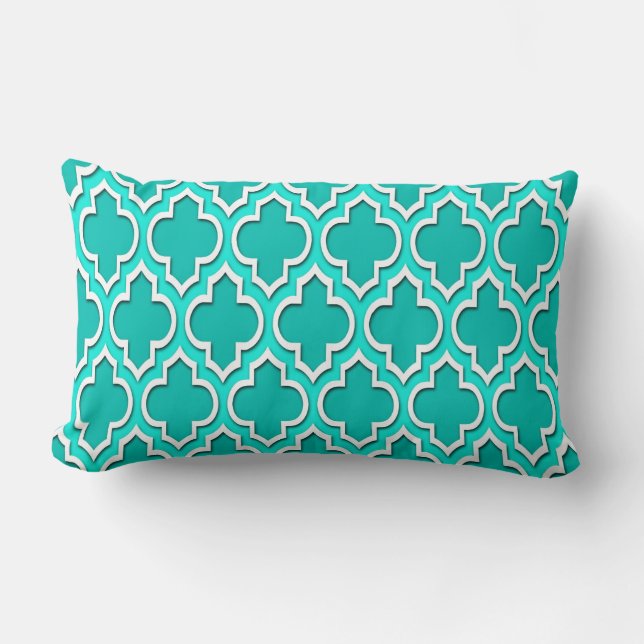 Coussin Rectangle Turquoise, Eau Lumineuse, Quatrefoil Marocain Blan (Recto)