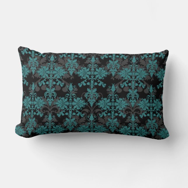 Coussin Rectangle Turquoise et damas noir (Recto)