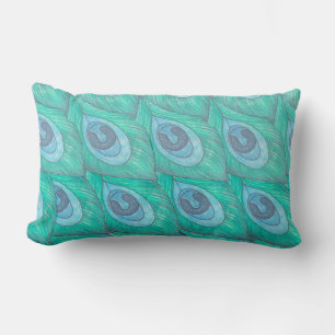Coussin Rectangle Turquoise Peacock Feather Motif ~ Lite Blue Back