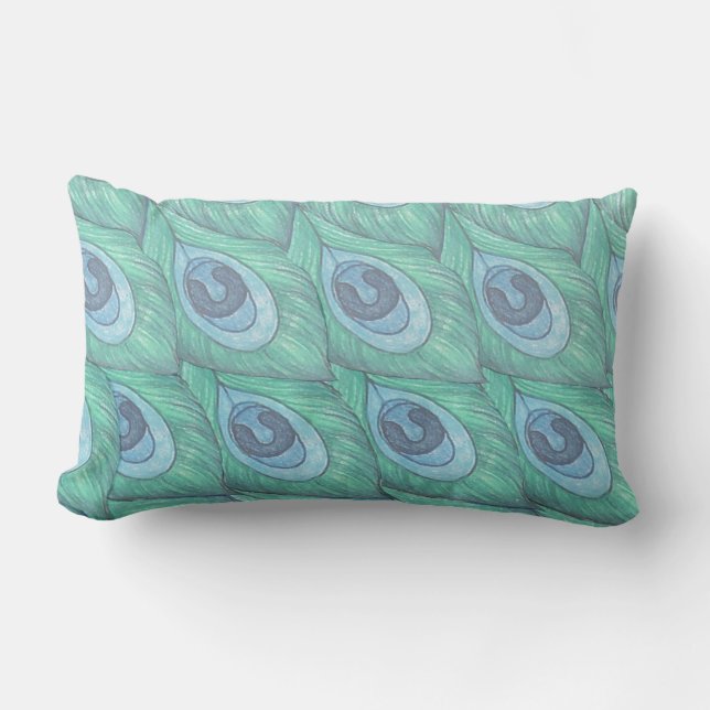 Coussin Rectangle Turquoise Peacock Feather Motif ~ Lite Blue Back (Recto)