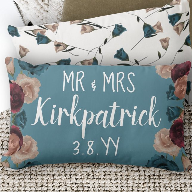 Coussin Rectangle Turquoise Vert, Beige, Bourgogne Mariages Roses No (Teal Flowers Burgundy Roses Beige Botanical Throw Pillow for Newlywed Couple Names Bride Groom)