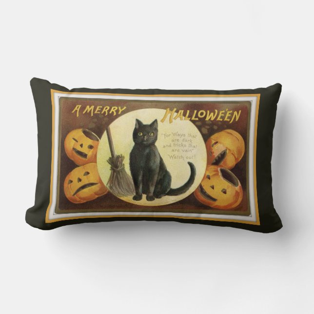 Coussin Rectangle Un joyeux chat noir d'Halloween et noir Citrouille (Recto)