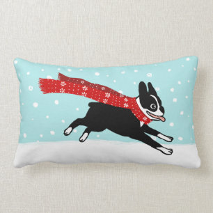 Coussin Rectangle Vacances d'hiver Boston Terrier portant un écharpe