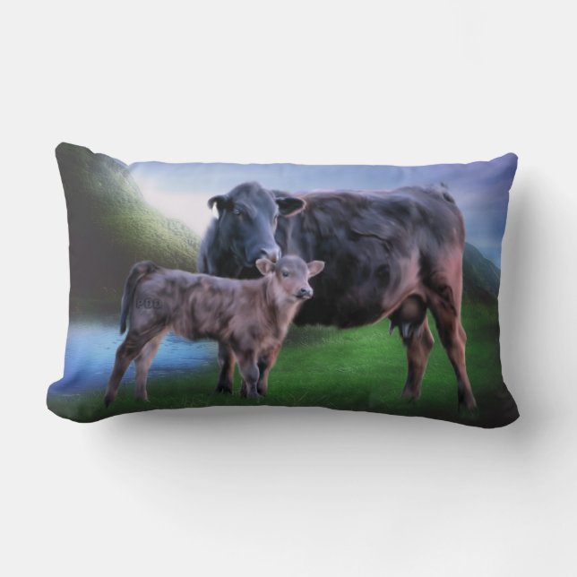 Coussin Rectangle Vache et veau de l'Angus noir (Recto)