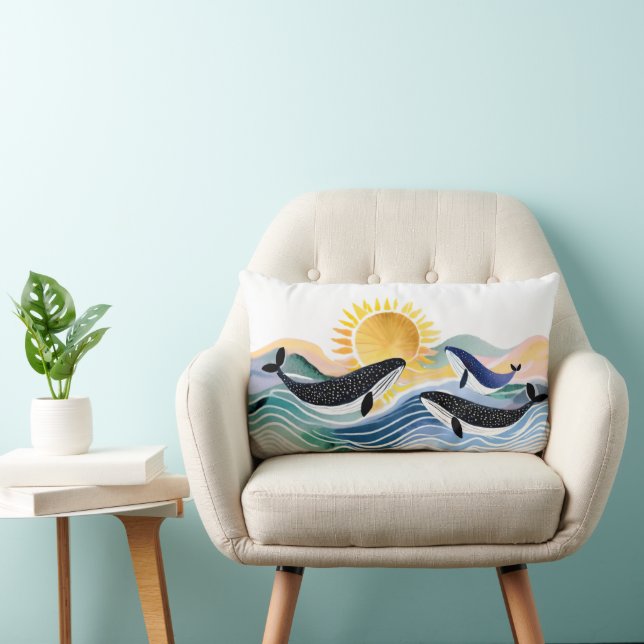Coussin Rectangle Vagues Bleues Bohémiennes et baleines joyeuses (Chaise)