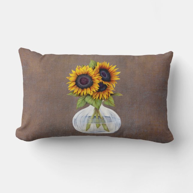 Coussin Rectangle Vase de beaux tournesols sur Brown Lumbar rustique (Recto)