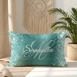 Coussin Rectangle Vert de mer Paillettes Aqua Turquoise Feuille Mono