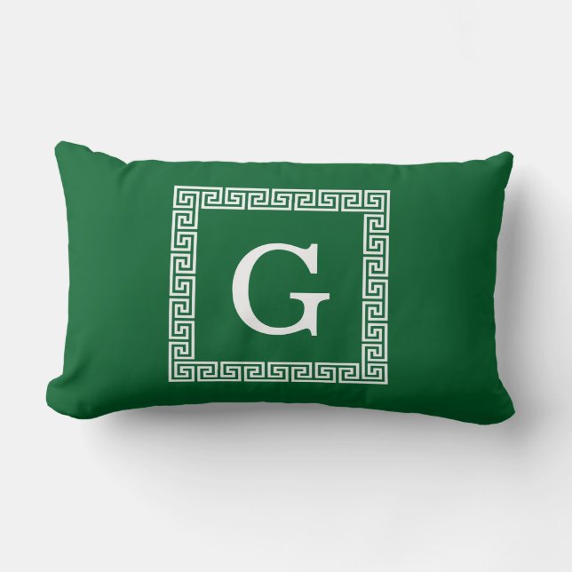 Coussin Rectangle Vert forêt, Clé grecque blanche n° 1 Monogramme en (Recto)