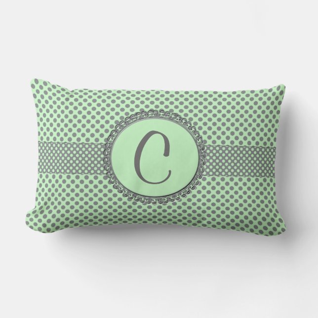 Coussin Rectangle Vert menthe avec Pois gris-Monogramme STaylor (Recto)