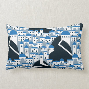 Coussin Rectangle Village de Santorin motif en blanc et bleu