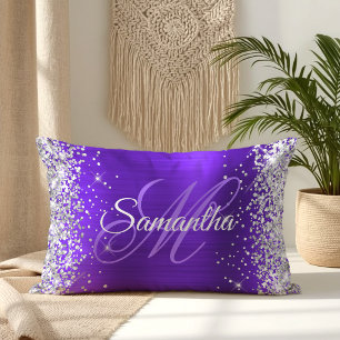 Coussin Rectangle Violet Indigo Pailleté Argent Monogramme Fantaisie