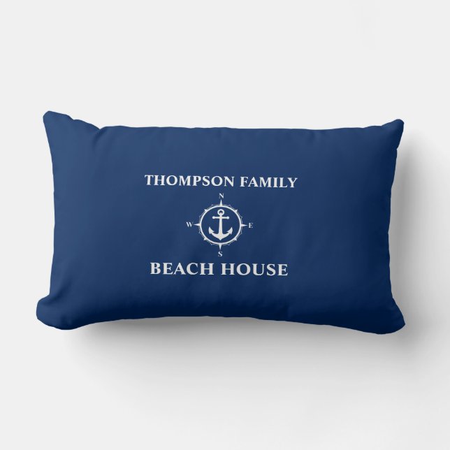 Coussin Rectangle Votre nom Beach House Compass Ancre Bleu (Recto)