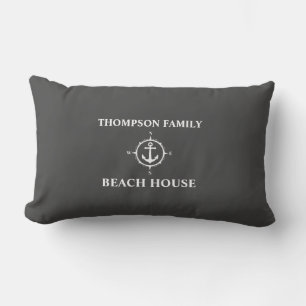 Coussin Rectangle Votre nom Beach House Compass Ancre Gris