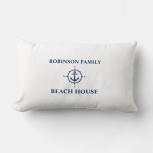 Coussin Rectangle Votre nom Beach House Compass Ancre White