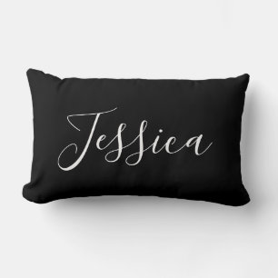 Coussin Rectangle Votre nom Élégant script blanc sur noir
