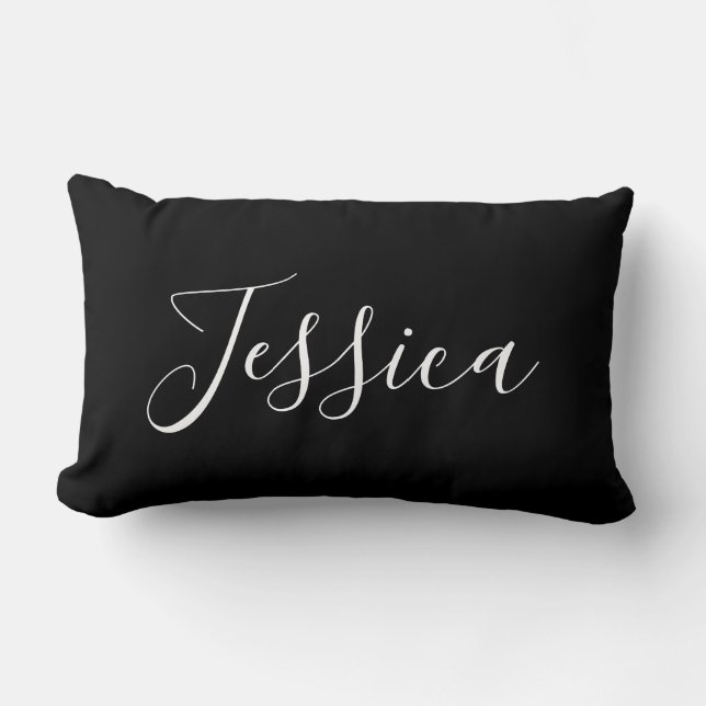 Coussin Rectangle Votre nom | Élégant script blanc sur noir (Recto)