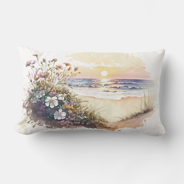 Coussin Rectangle Watercolor Ocean Beach avec fleurs (Recto)