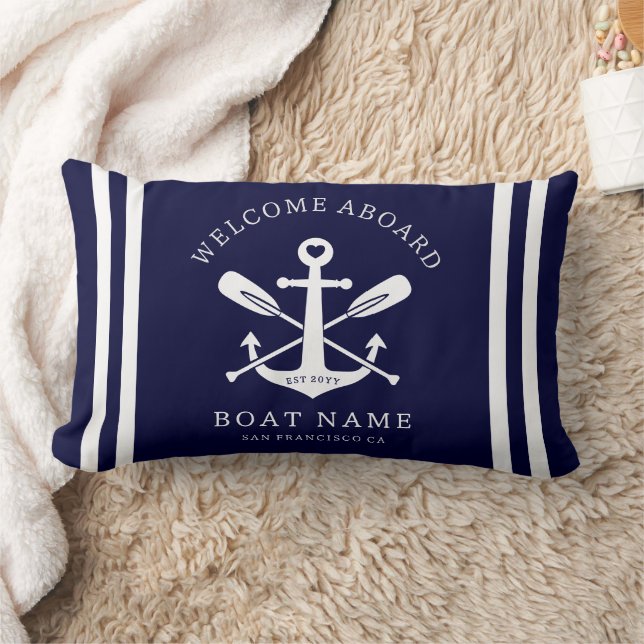 Coussin Rectangle Welcome Aboard Boat Name Nautical Anchor | Blue (Couverture)