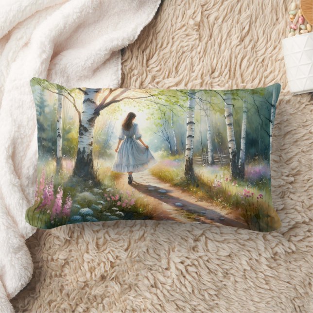 Coussin Rectangle Whimsical Girl Dancing Through Birch Forest (Couverture)
