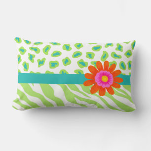 Coussin Rectangle Zèbre vert, blanc et Turquoise & Fleur orange Chee
