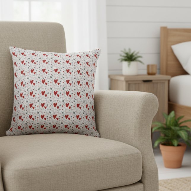 Coussin Red and Black Doodle Hearts Love  (cute red and black hearts doodles accent pillow for her valentines theme bedroom decor)