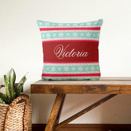 Coussin Red Aqua Snowflakes Noël Motif Personnalisé Nom