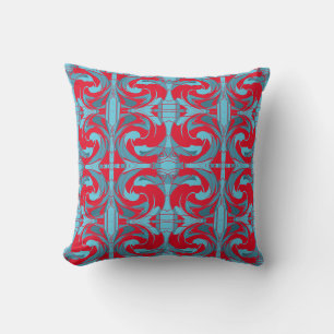 Coussin Red Aqua Turquoise Swirling petits carreaux ornés