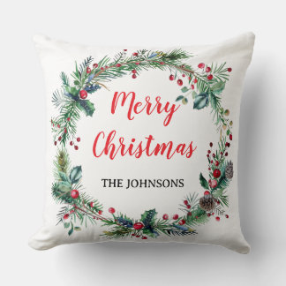 Coussin Red Berries Greenery Family Christmas Throw Pillow