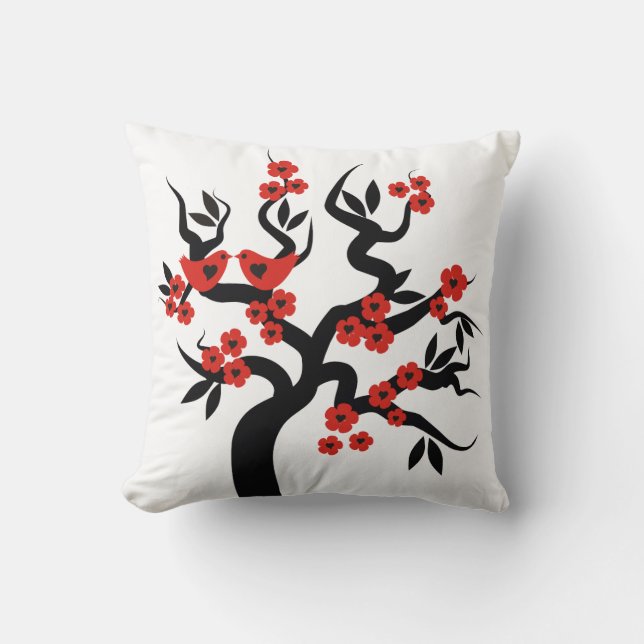 Coussin Red Black Love birds sakura cherry tree & blossoms (Recto)