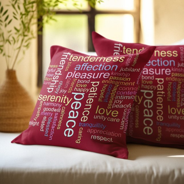 Coussin Red Inspirational Peace and Love Word Cloud (Créateur téléchargé)