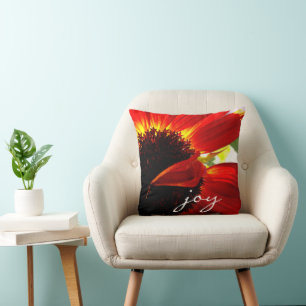 Coussin Red Orange Gerbera Daisy Flower Photo Joy Script
